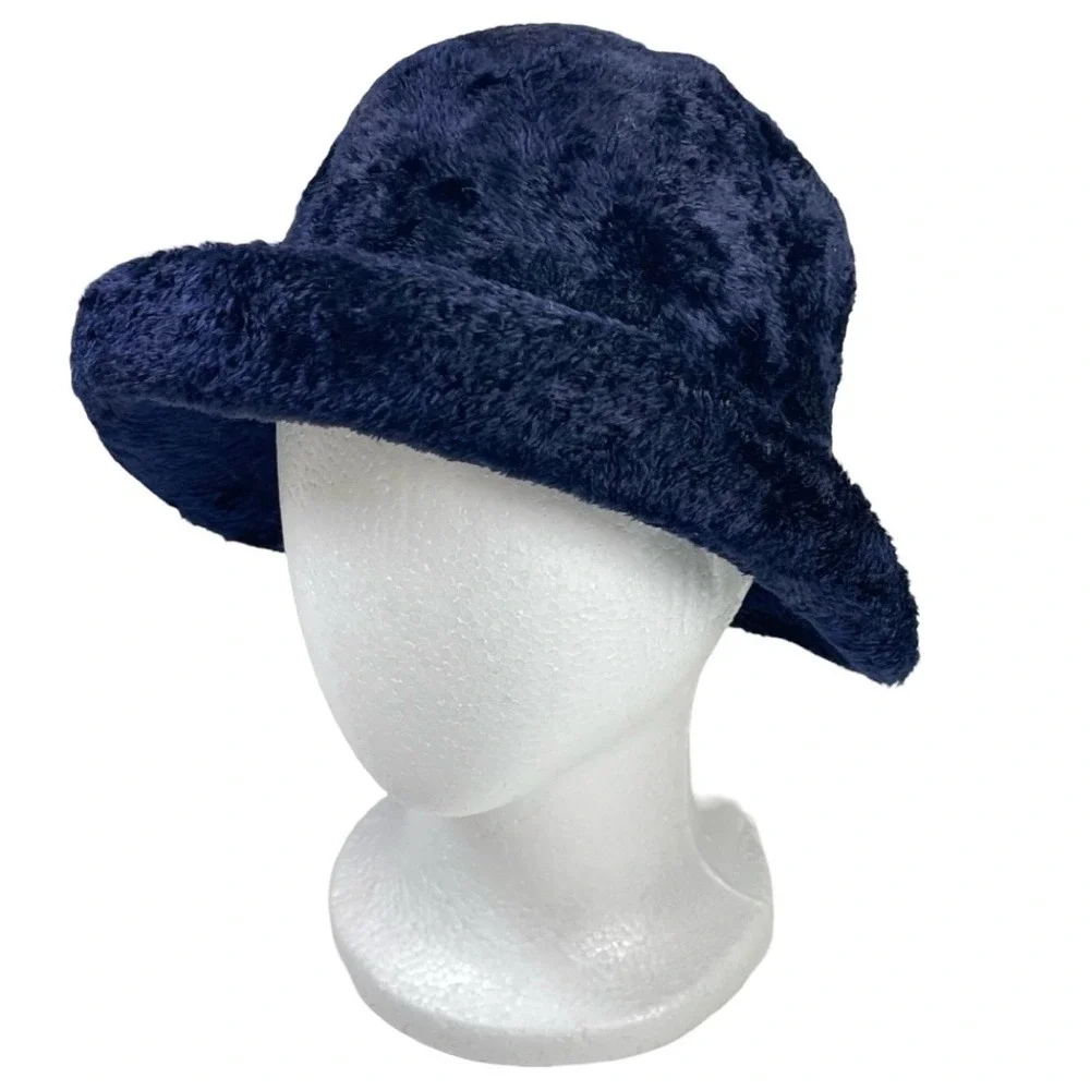 Vintage Liz Claiborne Faux Fur Chenille Bucket Hat Navy Blue Plush Fuzzy Retro